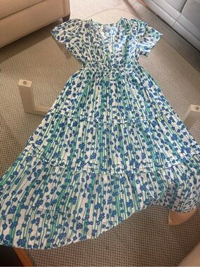 Anthropologie Floral Maxi Dress Blue Green Size L Like New
